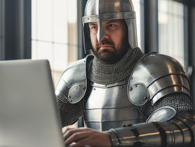 Ein KI-generierter Mann in silberner Ritterrüstung mit Helm sitzt an einem Laptop und guckt ernst hinein. Er hat einen dunklen Bart. Hinter ihm sind drei verschwommene Fenster. 